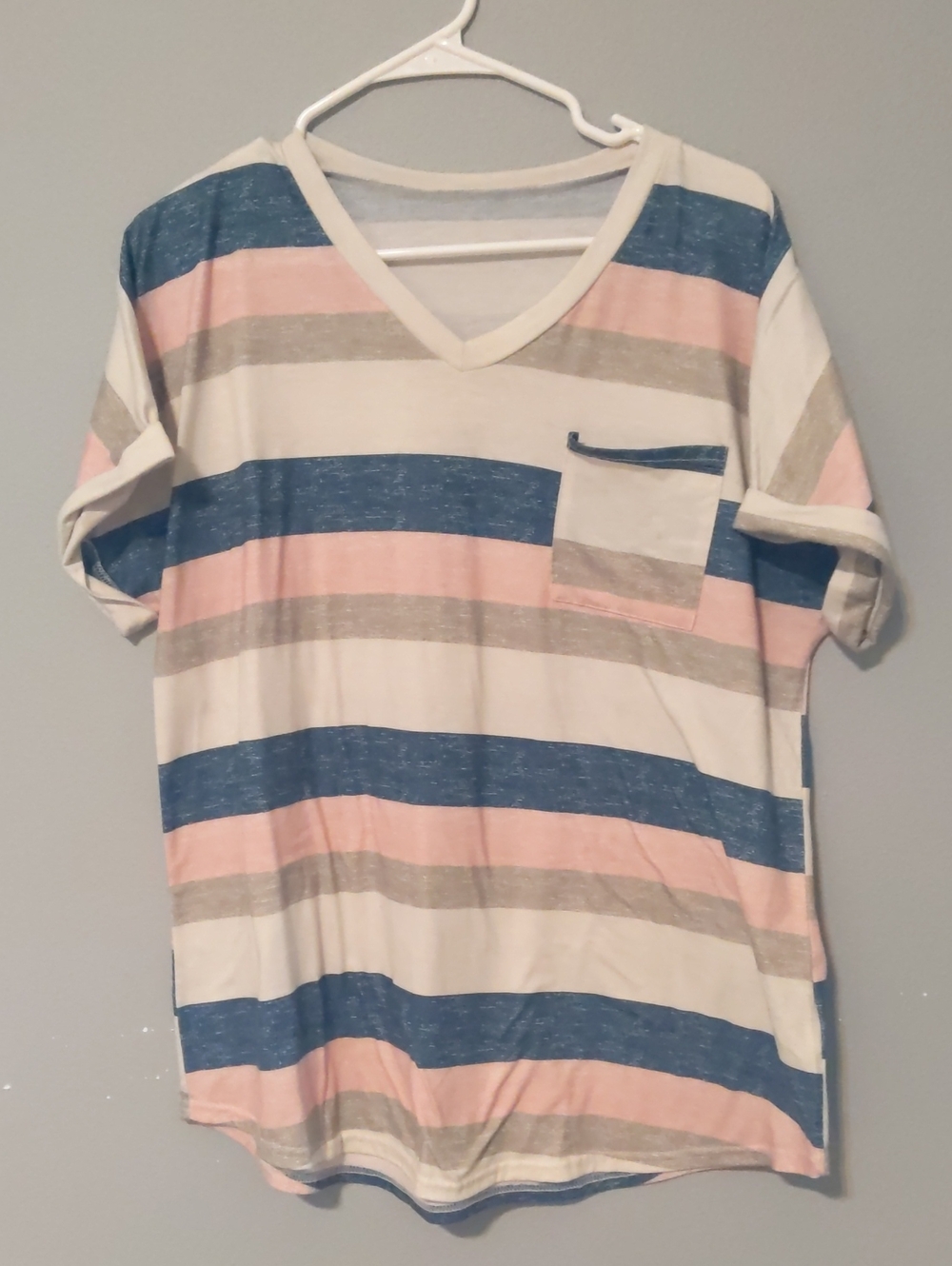 Striped V-Neck Pocket Tee in Blue, Pink & Gray